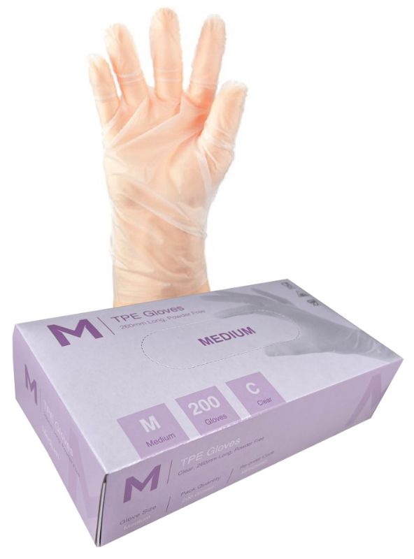 TPE Powder Free Gloves - Clear, M, 240mm Cuff, 2.0g (Box of 2000)