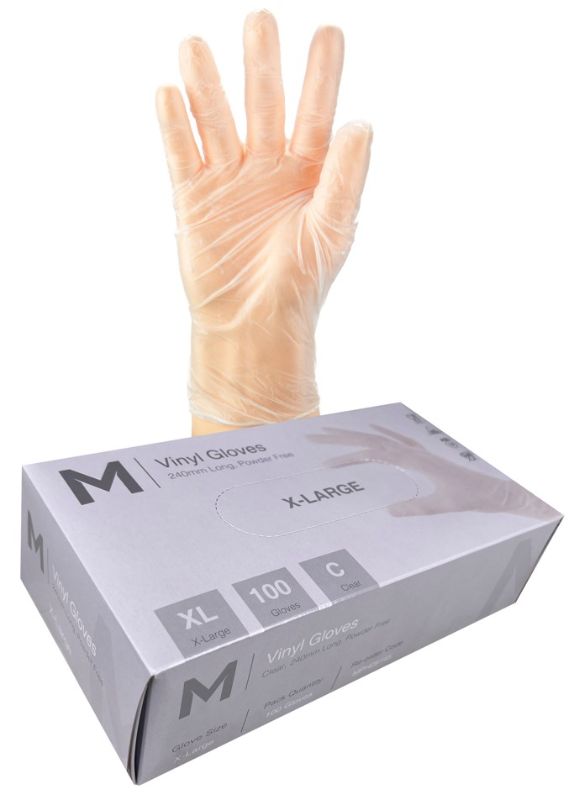 Vinyl Gloves Powder Free - Clear, XL, 240mm Cuff, 5.0g (Box of 1000)