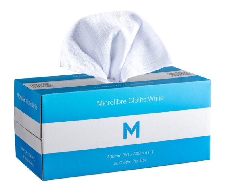Dispenser Microfibre Cloths - White, 300mm x 300mm, 185gsm (Pack of 50)