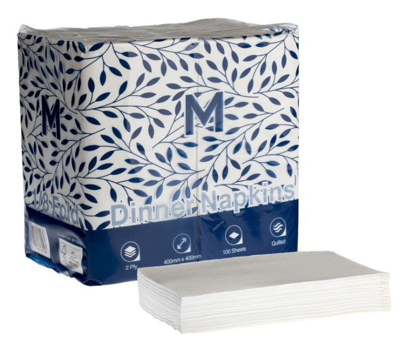 Quilted Dinner Napkins 1/8 Fold - White, 400mm x 400mm, 2 Ply (Pack of 800)