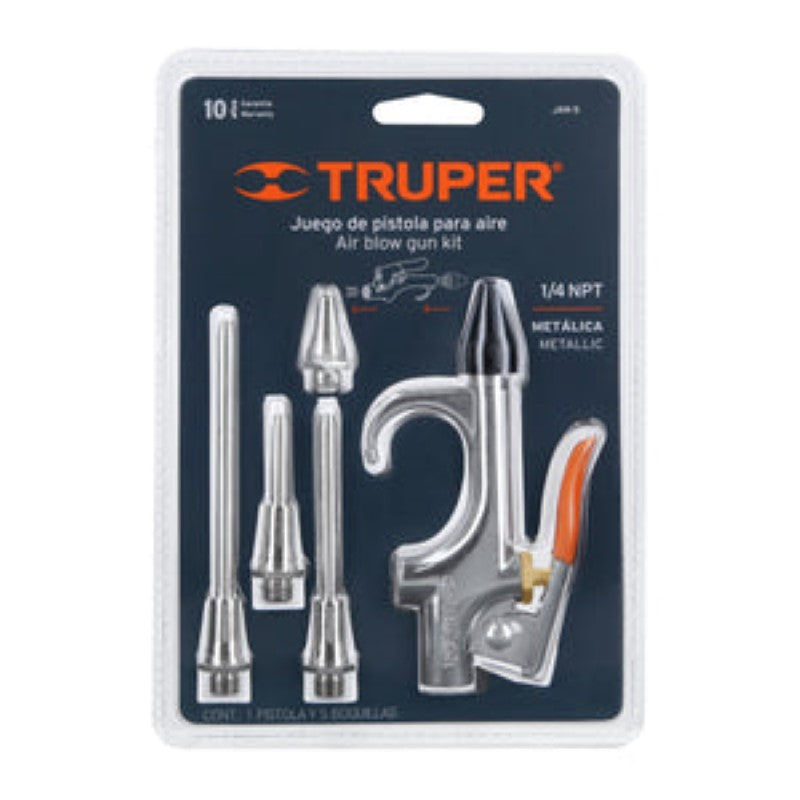 Truper Air Gun with 5 nozzles for cleaning and inflating; robust, versatile, and efficient for DIY and automotive tasks.
