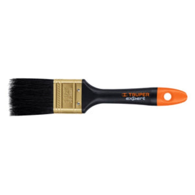 Truper 38mm paint brush with plastic handle and synthetic bristles, ideal for smooth finishes and comfortable grip.
