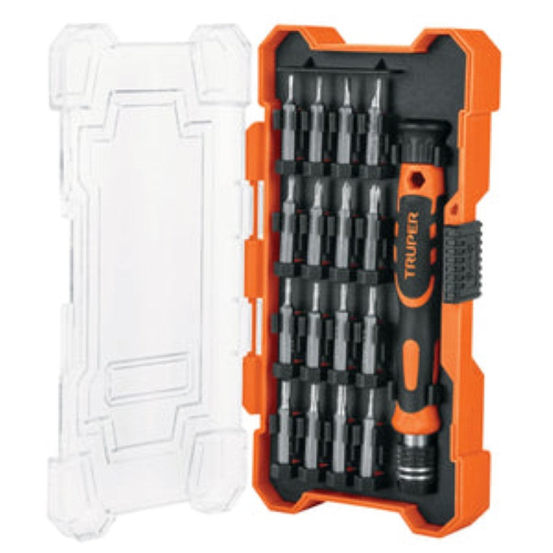 Precision screwdriver with 16 interchangeable chrome vanadium tips, magnetic holder, swivel head, and ergonomic aluminum handle.
