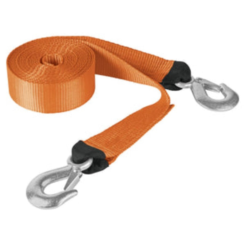 Durable 5.8m polyester tow strap with 48mm width and forged steel hooks for secure towing and easy storage.