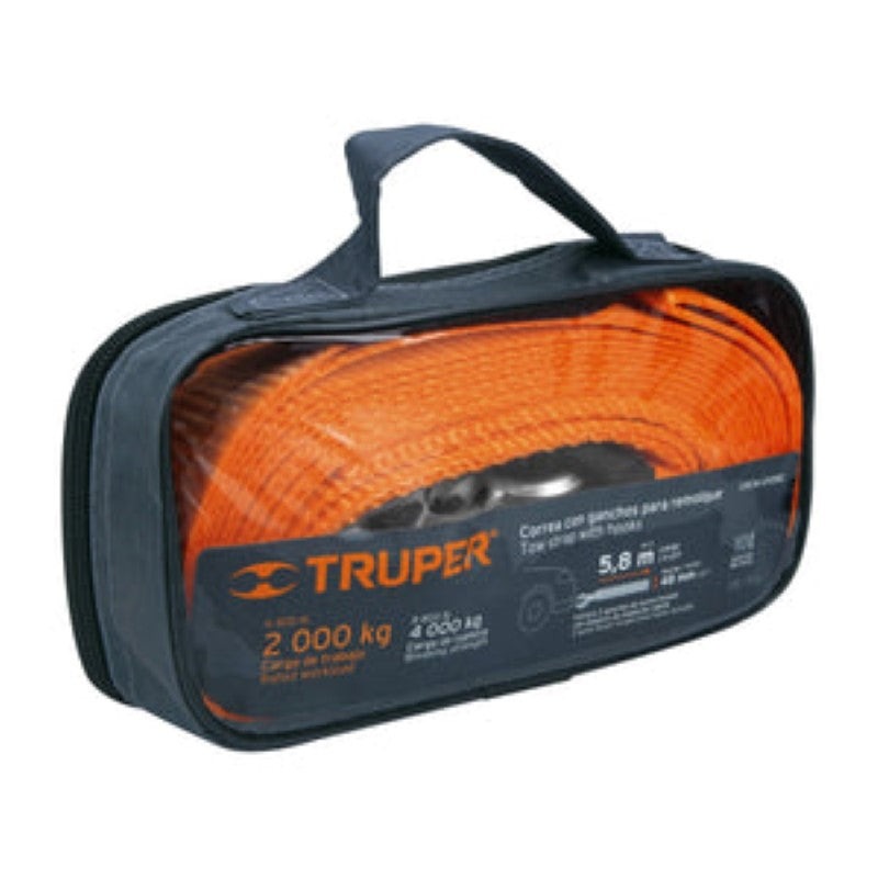 Durable 5.8m tow strap with 48mm width, forged steel hooks, and convenient storage case for heavy-duty towing tasks.