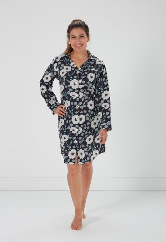 Floral MAYA Nightshirt by BAKSANA in Small, featuring long sleeves, button-up design, and soft OEKO-TEX® certified cotton.