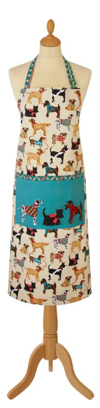 Cotton apron featuring playful hound dog illustrations, adjustable neck, plaid ties, and a turquoise pocket, 70x95cms.