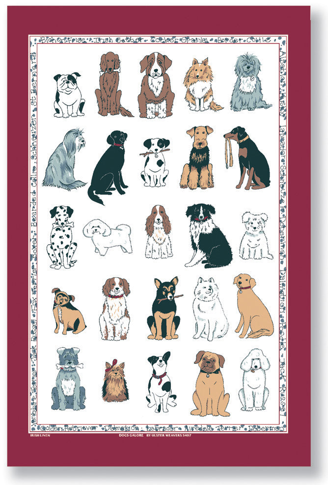 Brightly colored cotton tea towel featuring various dog breeds, perfect for dog lovers and stylish kitchens.