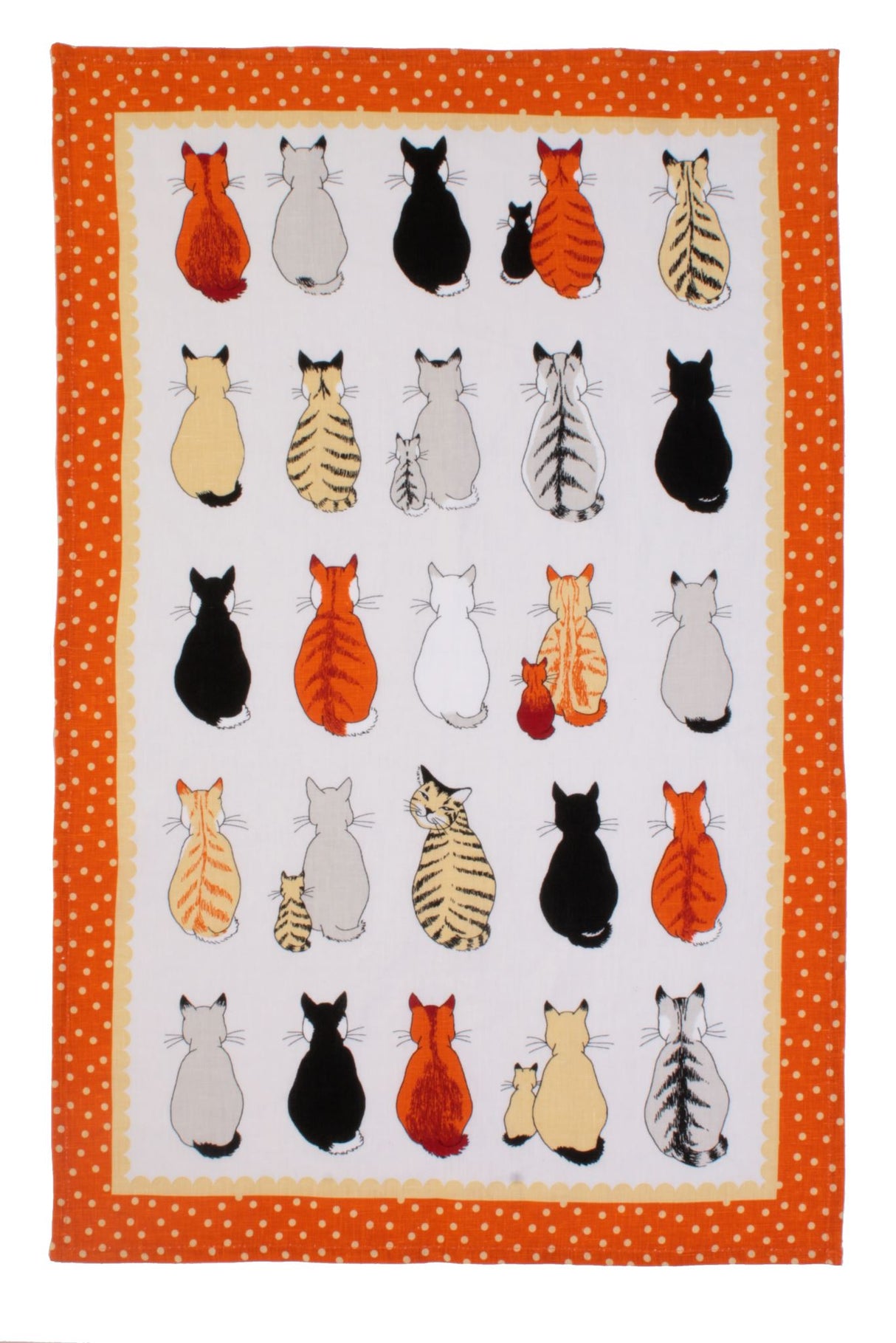 Ulster Weavers Cats in Waiting tea towel featuring whimsical cats and orange polka dots, made of 100% cotton.