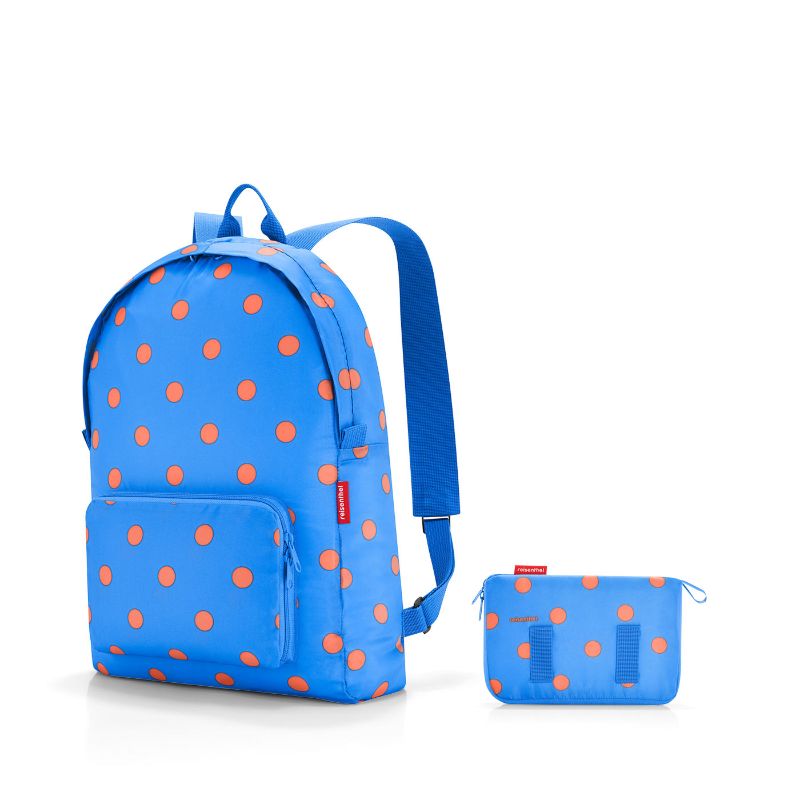 Lightweight Reisenthel Mini Maxi Rucksack in Azure Dots; folds compactly, 14L capacity, ergonomic straps, water-repellent.