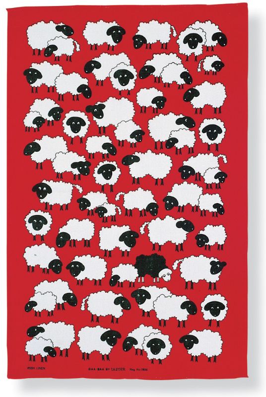 Charming red tea towel featuring fluffy white sheep, made from 100% cotton, ideal for drying dishes and enhancing kitchen decor.