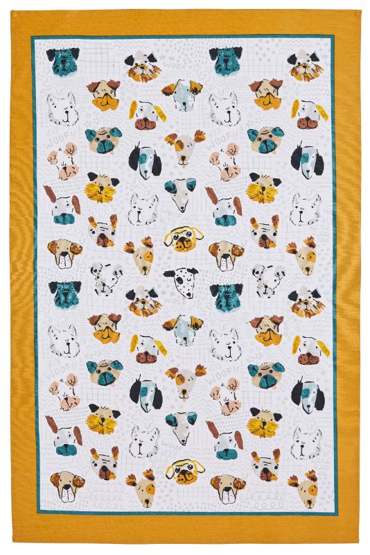Ulster Weavers cotton tea towel featuring vibrant Mutley Crew design, ideal for drying dishes and kitchen decor.