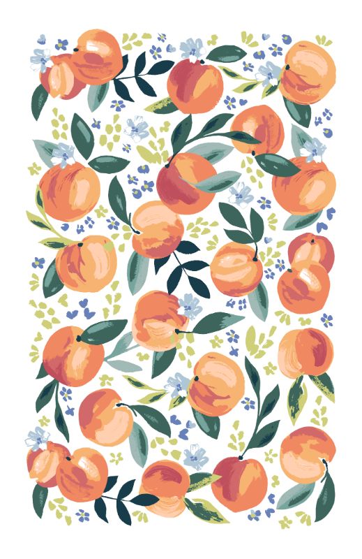 Vibrant cotton tea towel featuring juicy peaches and floral design, perfect for adding summer charm to your kitchen.