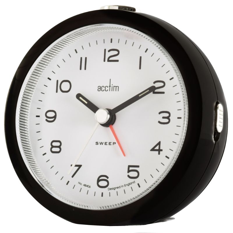 Acctim Neve Sweep Raven Alarm Clock with luminous hands, non-ticking design, and sleek raven black finish.