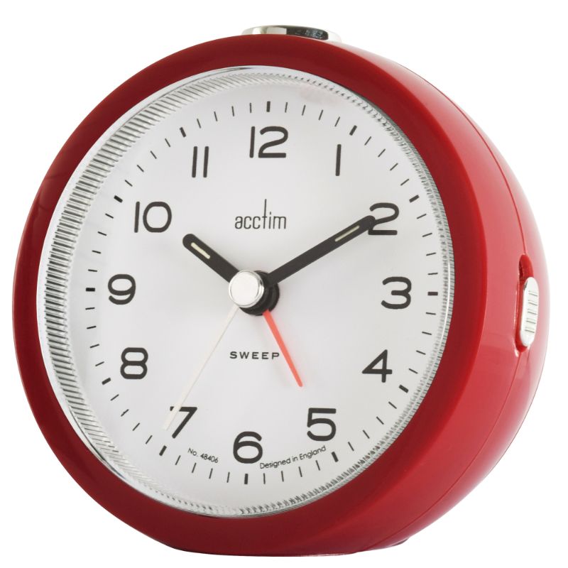Acctim Neve Sweep Alarm Clock in Shiraz Red, 8.8cm, with luminous hands, non-ticking movement, and snooze function.