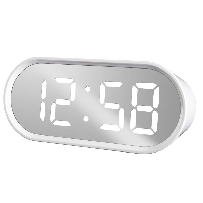 Stylish Acctim Cuscino 1.4" LED Clock with mirrored display, temperature, USB charging, and adjustable brightness.