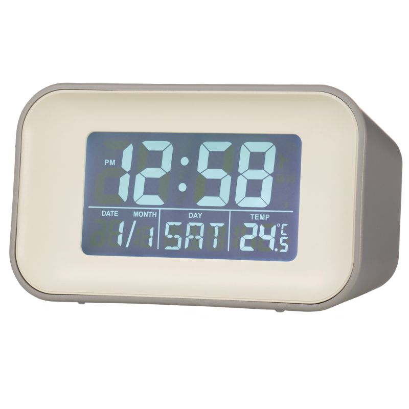 Sleek owl grey digital alarm clock with reflection display, dual alarms, temperature, and calendar features.