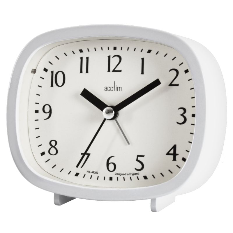 Acctim Hilda White Alarm Clock with retro design, snooze function, and non-ticking hand for a peaceful sleep environment.