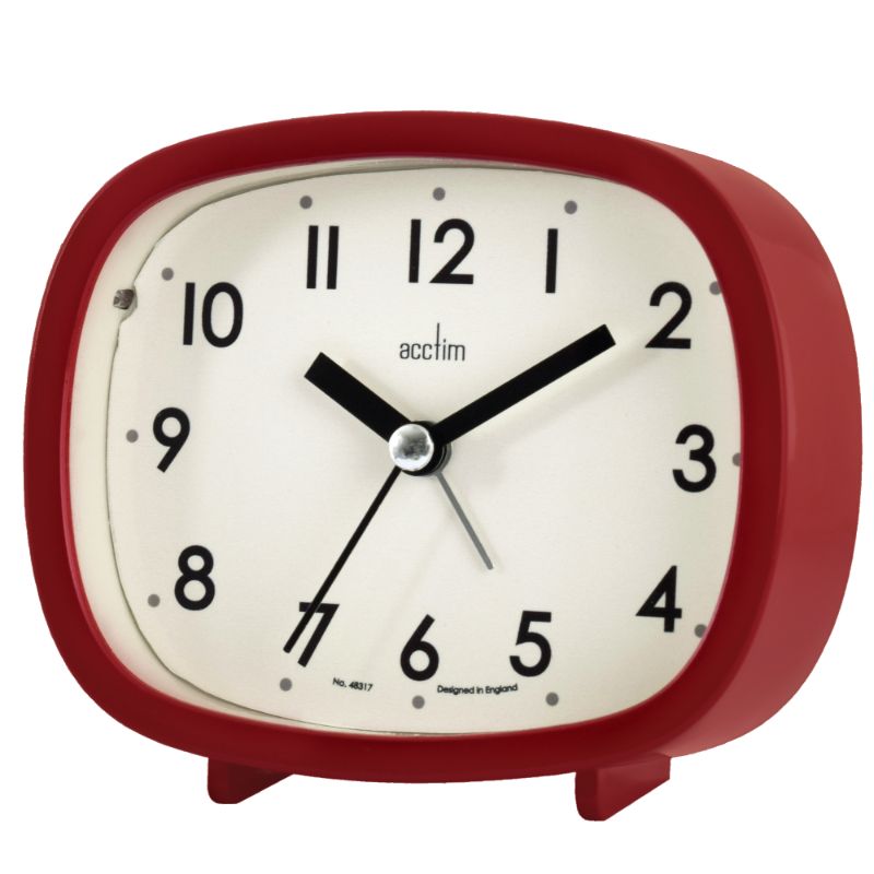 Vintage red Acctim Hilda alarm clock, 10.2cm with easy-to-read dial, snooze function, and non-ticking sweep seconds hand.