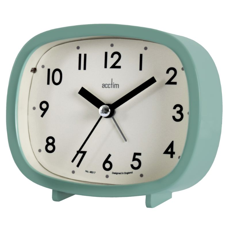 Green Acctim Hilda Alarm Clock featuring retro design, easy-to-read dial, alarm with snooze, and silent operation.