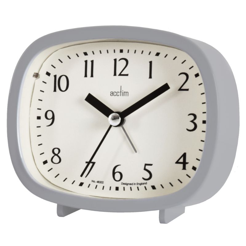 Acctim Hilda alarm clock in Pigeon Grey, featuring retro design, clear dial, snooze function, and non-ticking second hand.