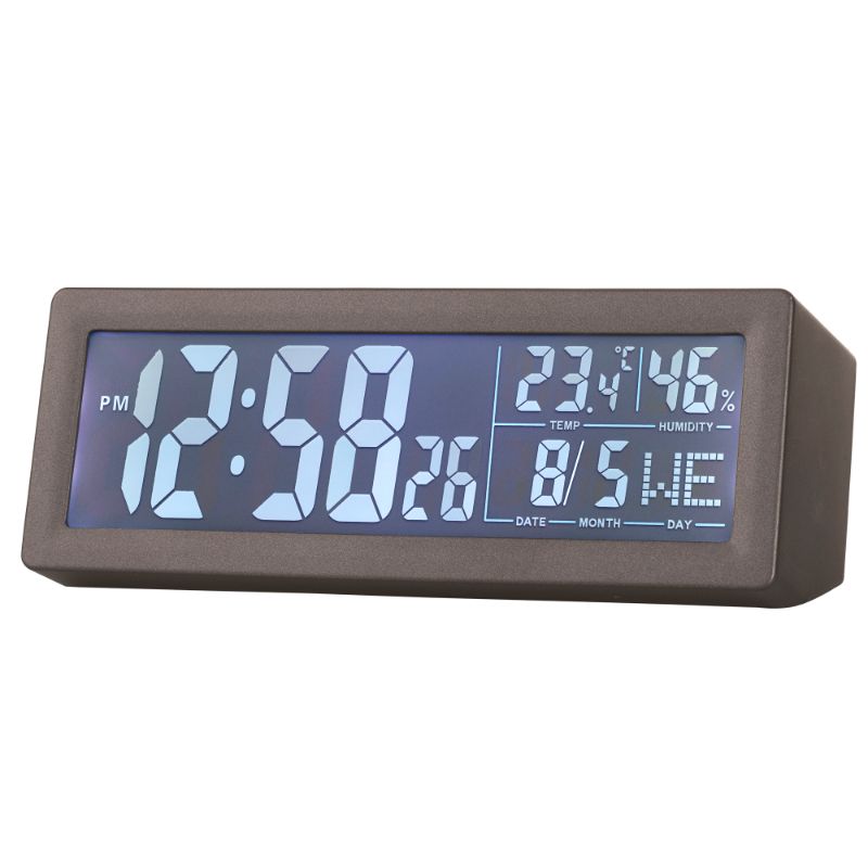 Sleek grey 14.7cm LCD clock with touch snooze, blue backlight, and indoor environment monitoring functions.