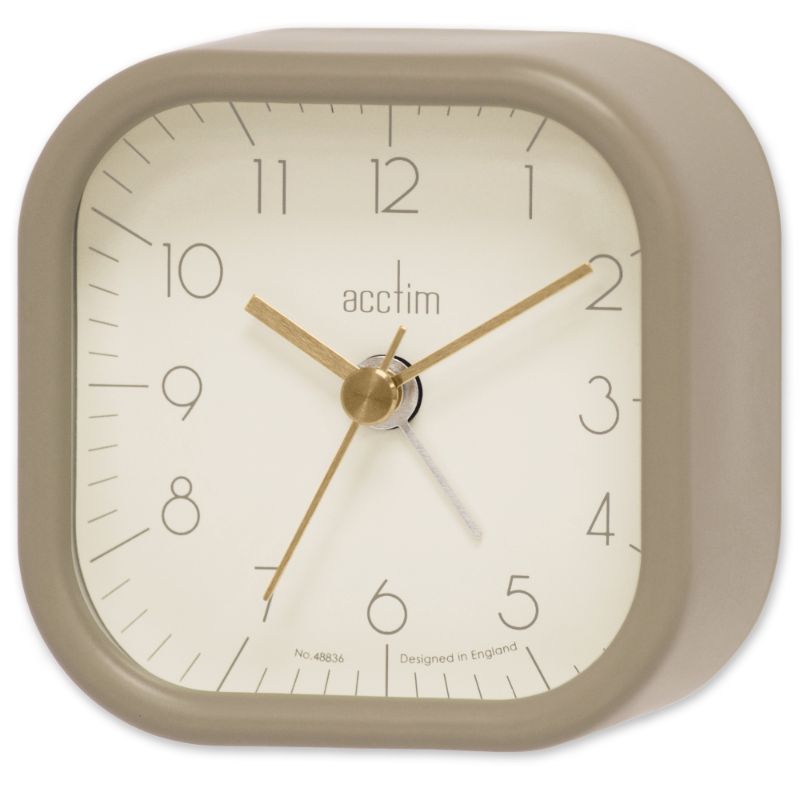 Stylish taupe metal case alarm clock with retro design, easy-to-read dial, and gentle beep alarm for a modern bedroom.