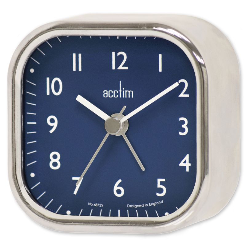 Chrome metal case alarm clock with retro square design, easy-to-read dial, and precise quartz movement.