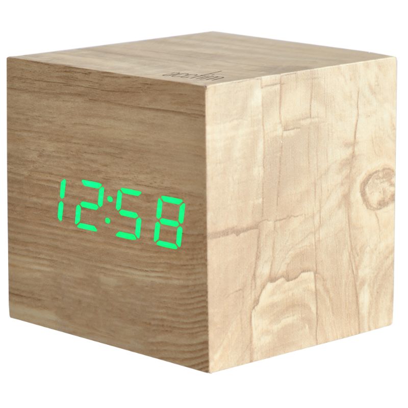 Modern ash wood LED alarm clock with adjustable brightness, sound activation, and indoor temperature display.