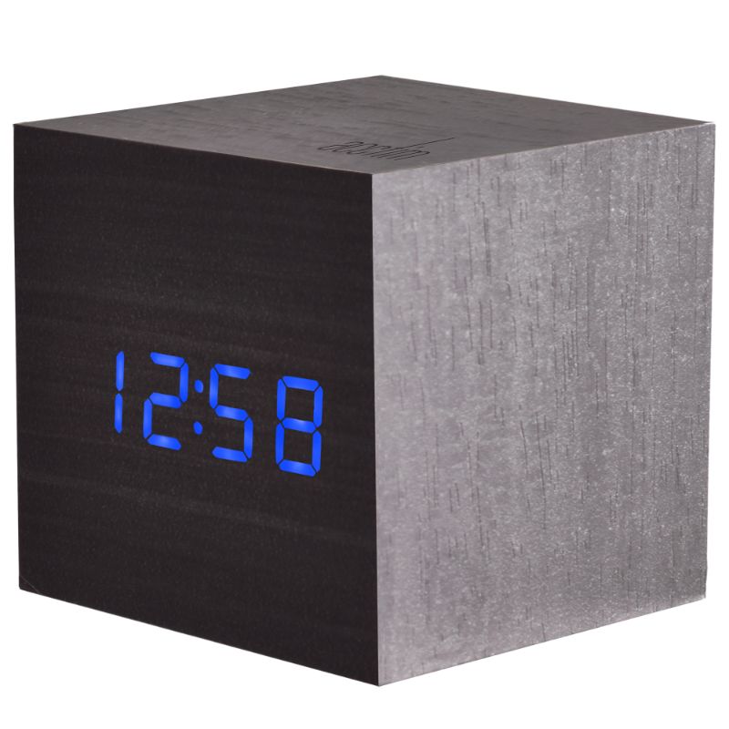 Modern black wood LED alarm clock with sound activation, temperature display, and USB charging feature.