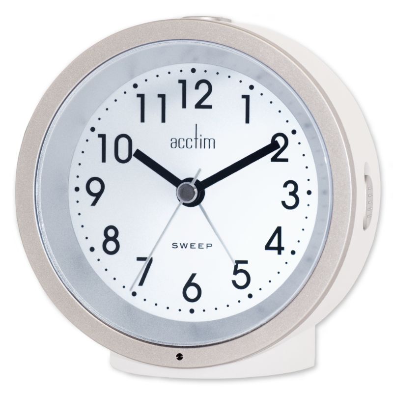 Stylish white analogue alarm clock with Smartlite technology, non-ticking second hand, and elegant silver bezel.