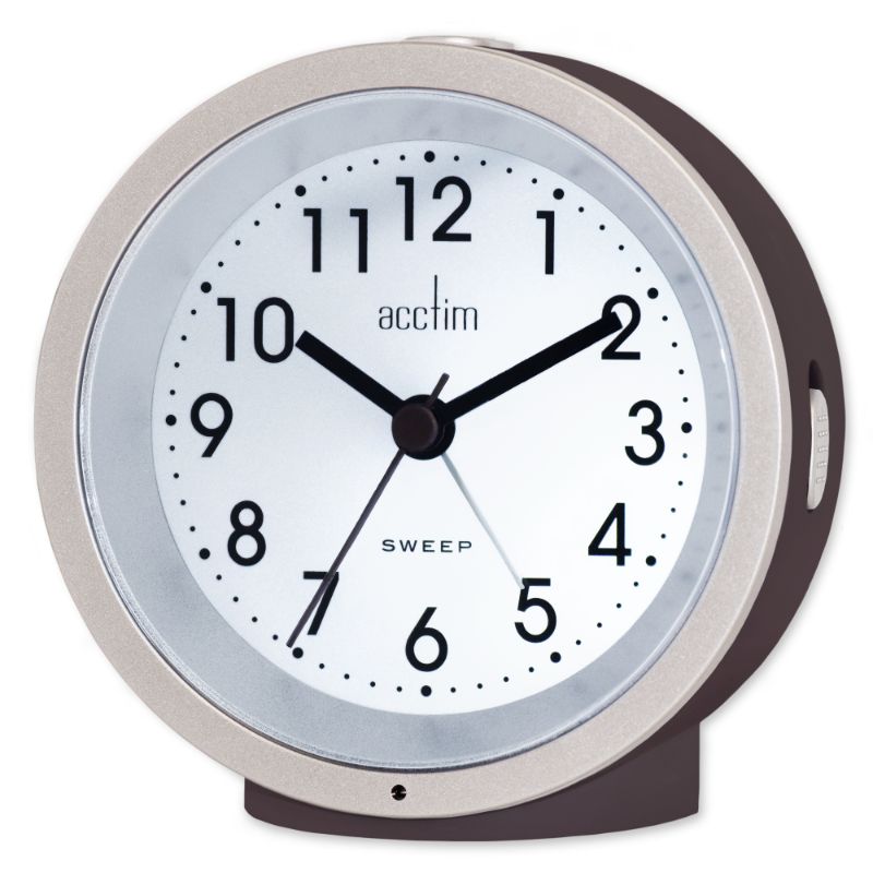 Acctim Caleb Smartlite Soot Alarm Clock with clear Arabic dial, Smartlite® backlight, and non-ticking sweep second hand.