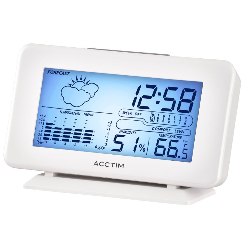 Sleek Acctim Vega White LCD Weatherstation Clock displaying time, temperature, and weather trends; perfect for home or office.