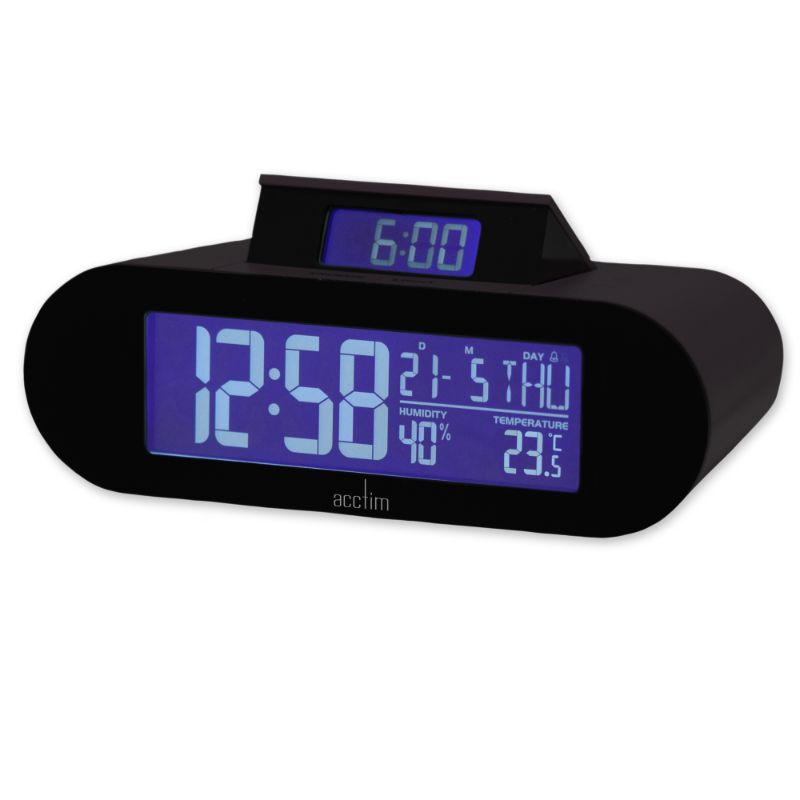 Acctim Kian Soot LCD Alarm Clock with pop-up display, humidity, temperature, and date features in sleek Soot Black design.