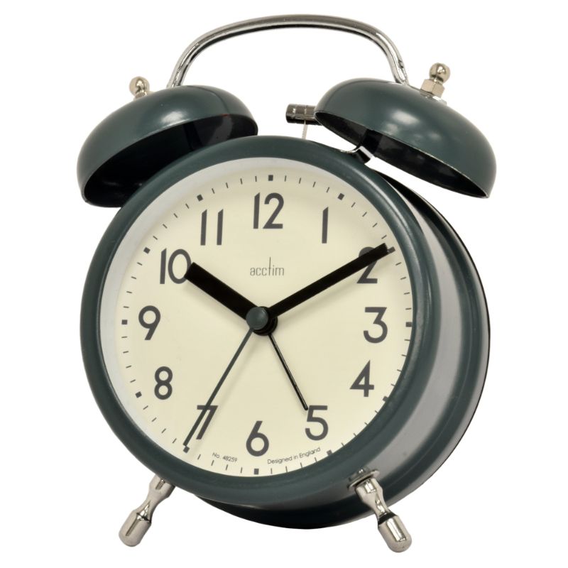 Lotus green double bell alarm clock with retro design, quartz movement, and chrome accents, perfect for stylish bedrooms.