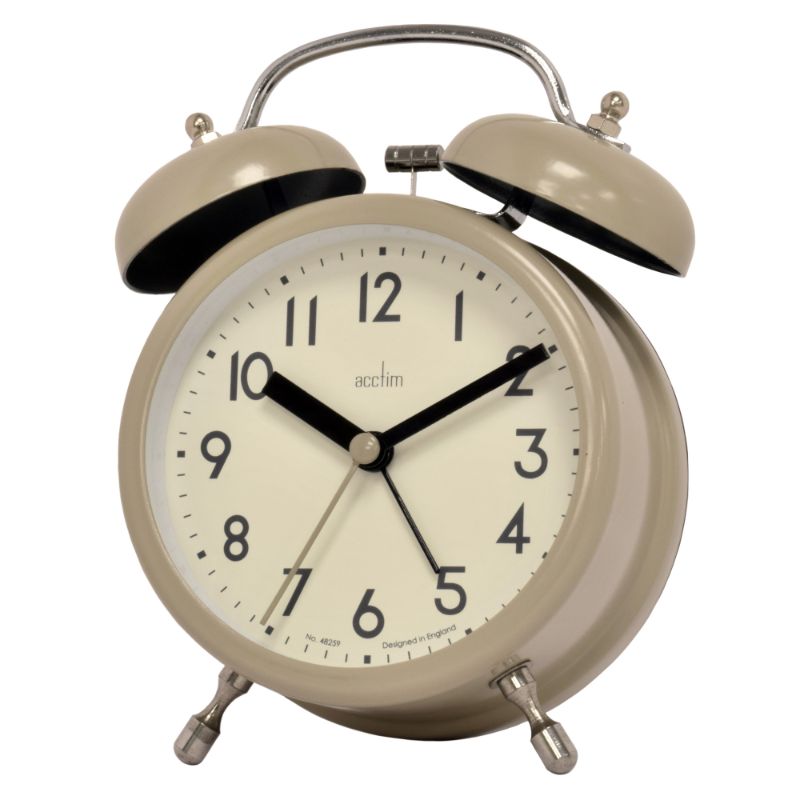 Taupe Acctim Hardwick double bell alarm clock with metal case, chrome accents, and clear glass lens for stylish wake-ups.