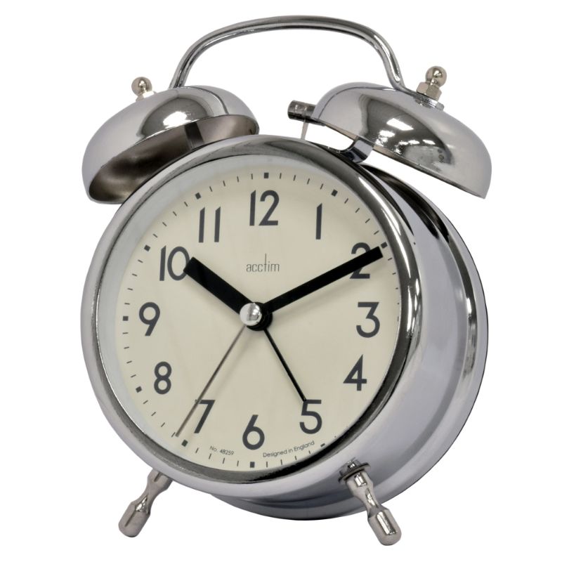 Chrome double bell alarm clock with retro design, metal case, and glass lens, ideal for stylish waking.