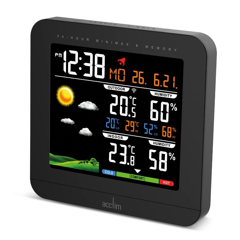 Acctim Wyndham Weatherstation Clock in sleek black displays time, date, and indoor/outdoor weather with animated icons.