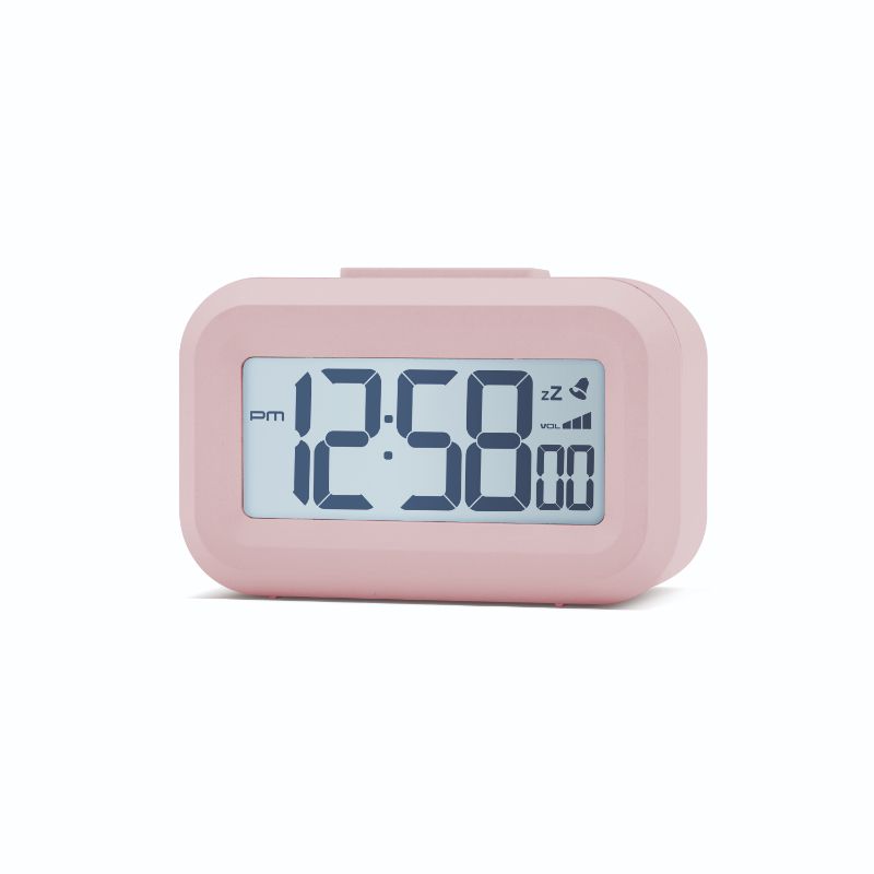 Compact LCD alarm clock in Peach Bellini with white backlight, snooze feature, and volume control, ideal for any bedside.