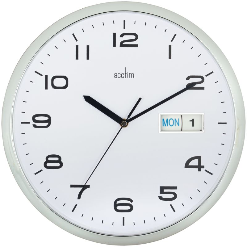 32cm chrome wall clock with black dial, day/date display, and quartz movement for modern home or office decor.