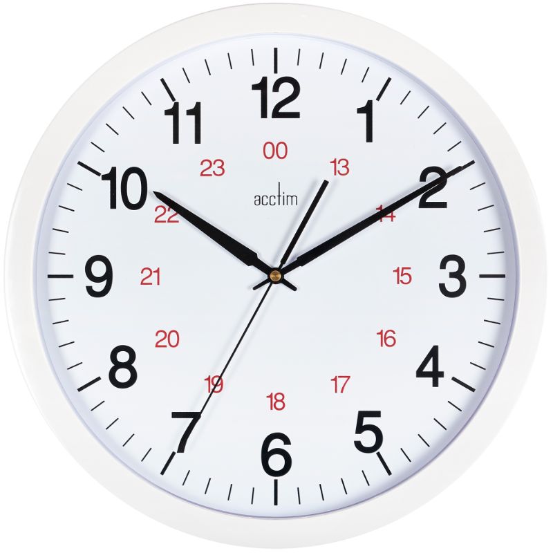 Modern white wall clock with 24-hour dial, clear glass lens, and precise quartz movement, diameter 35.5 cm.