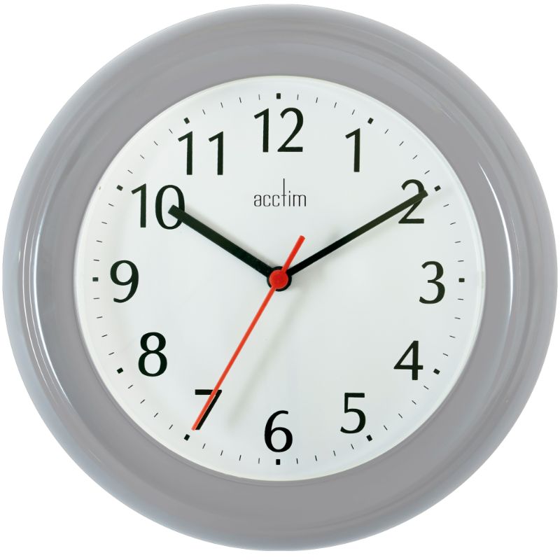 Grey 22cm Acctim Wycombe wall clock featuring a sleek plastic design and reliable quartz movement, perfect for any room.