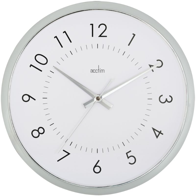 Sleek Acctim Yoko Sweep wall clock with white dial, 30cm diameter, non-ticking sweep hand, and durable chromed case.