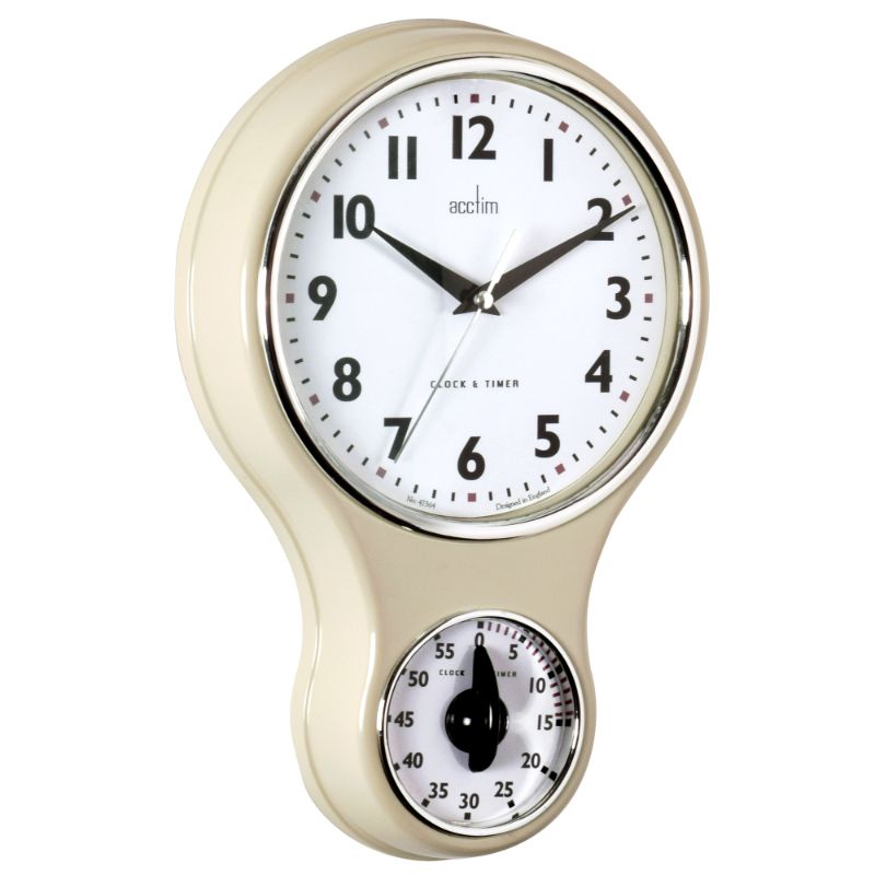 Cream retro kitchen clock with one-hour timer, quartz movement, and durable plastic case, enhancing any culinary space.