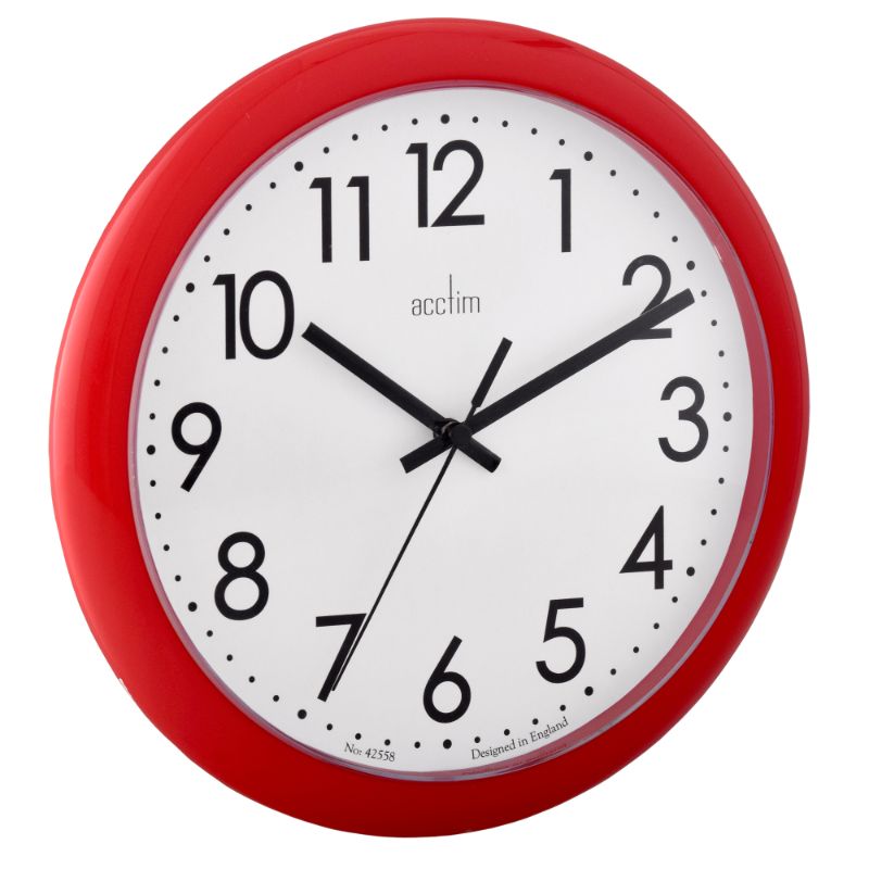 Glossy red wall clock with quartz movement, modern design, and plastic lens, perfect for home decor.
