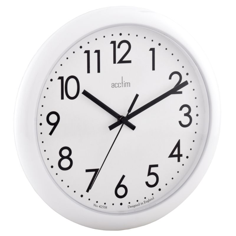 White Acctim Abingdon wall clock, 25.5cm with glossy finish, durable plastic, and precise quartz movement for stylish timekeeping.