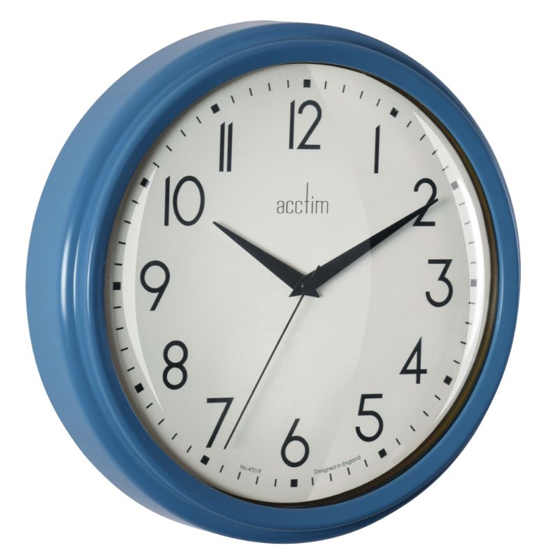 Oxford blue Acctim Elodie Retro Wall Clock, 26cm, features minimalist design with clear black numbers and vintage charm.