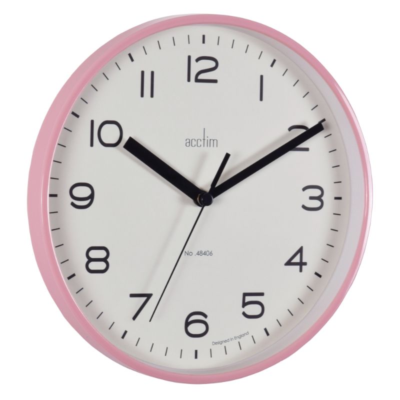 Acctim Runwell Blush Pink Wall Clock, 20cm, stylish design with quartz movement and glass lens, perfect for any decor.