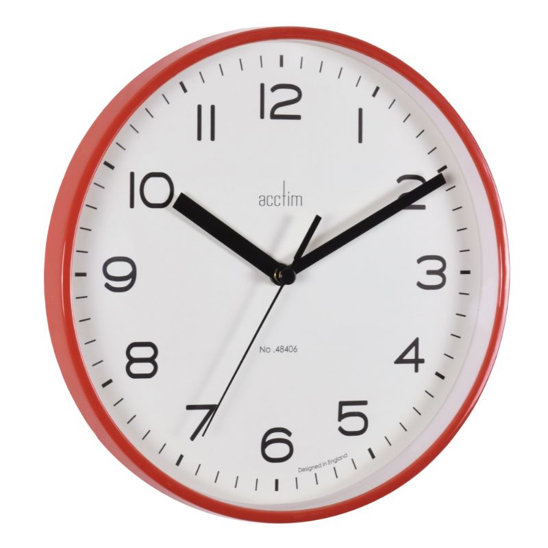 Stylish 20cm Acctim Runwell Shiraz wall clock in vibrant red, featuring a slim plastic case and reliable quartz movement.