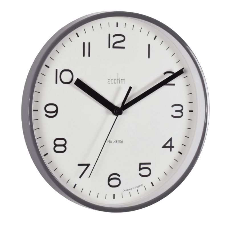 Smoke grey 20cm wall clock with slimline plastic case and glass lens, featuring precise quartz movement.